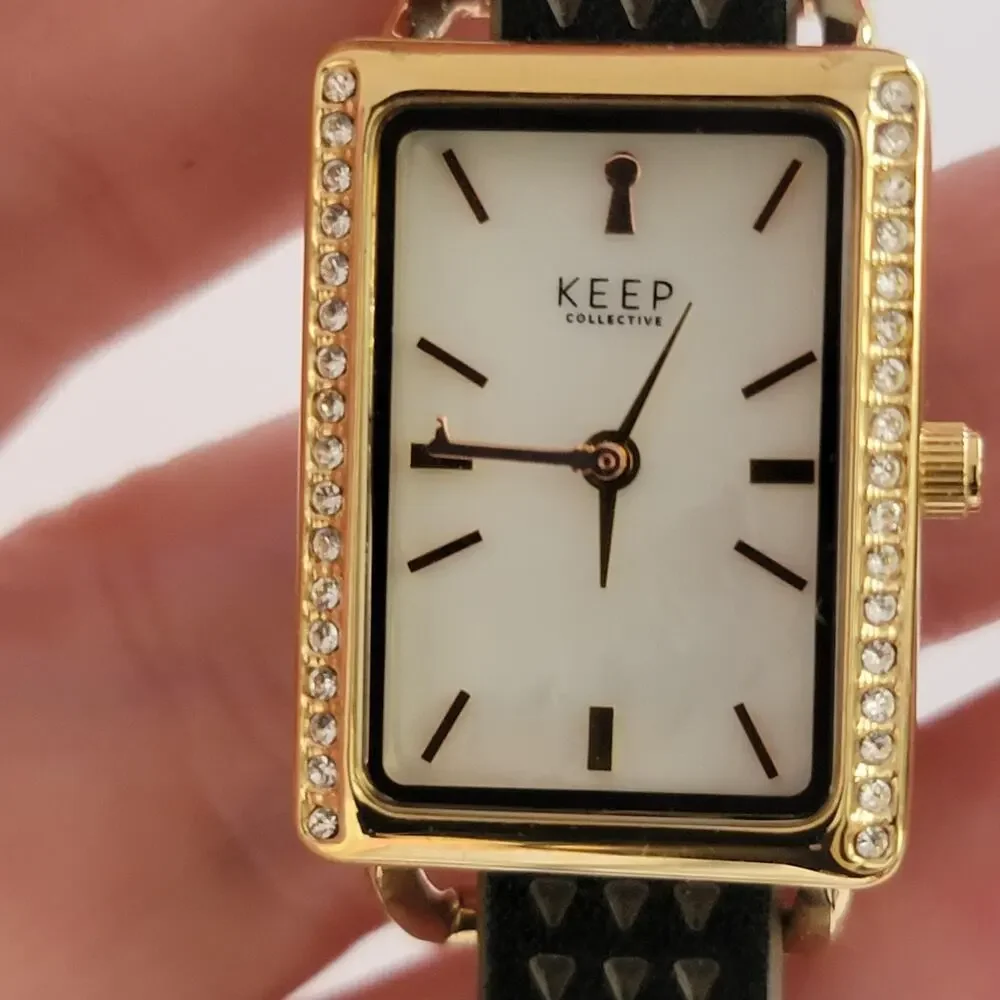 KEEP Collective Womens Watch Gold Case White Dial Black Faux Leather Strap